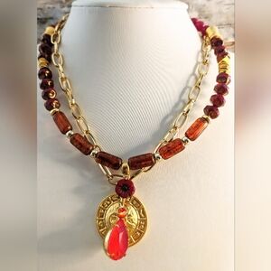 Red Jade, Crystal, And Glass Beads In Two Strand Gold Plated Paperclip Necklace